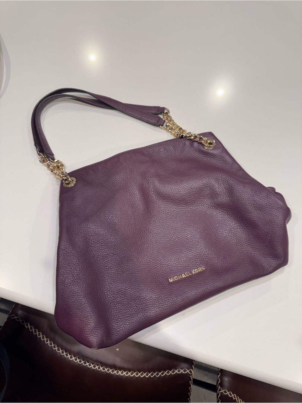Michael Kors Plum Pebbled Leather Shoulder Bag with Gold Chain